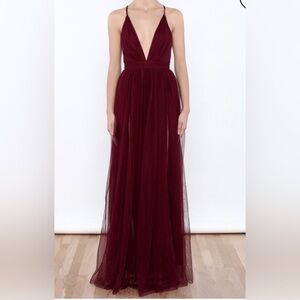LUXXEL Tulle Pleated V Neck Maxi Dress M Whimsy Burgundy Prom Wedding Fairy